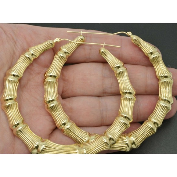 REAL 10K Yellow Gold 3" 75mm Large Graduated Bamboo Hoop Earrings